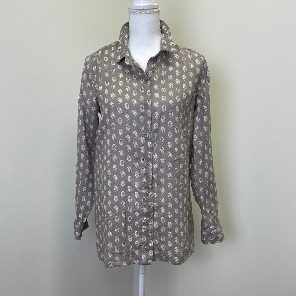 Garnet Hill Linen Button Down Shirt XS Grey Floral Block Print Long Sleeve Top